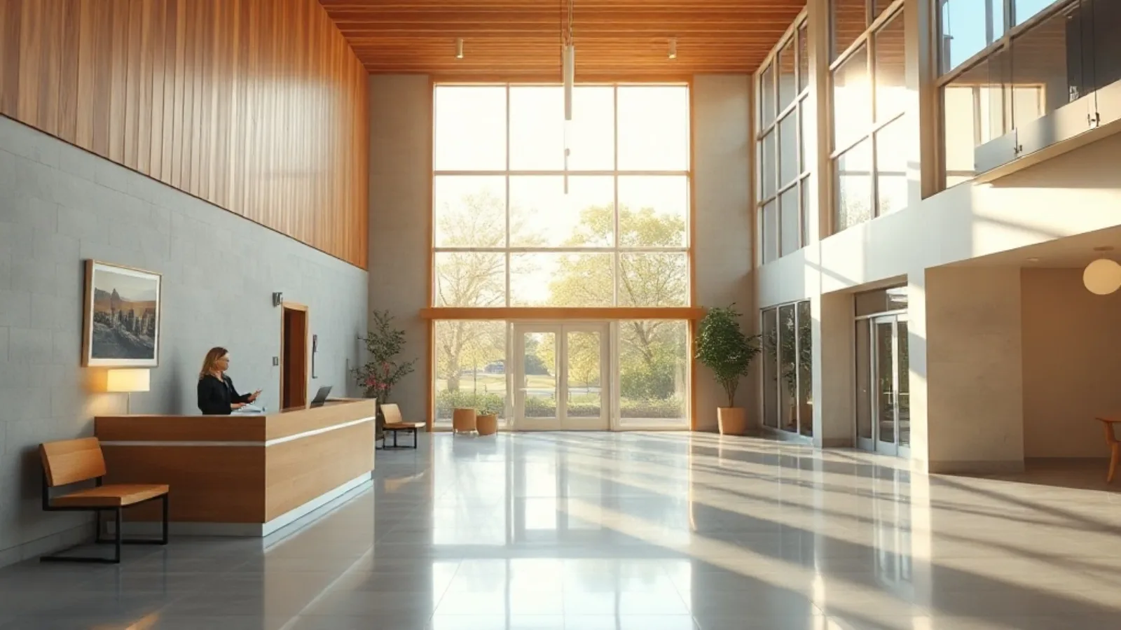 A bright clinic reception in morning light